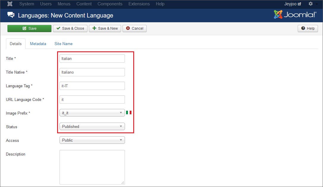 Add a content language to tell Joomla how to handle the second language